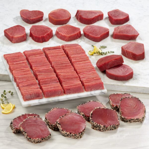 Ahi Tuna Mixed Pack, (12 x 6 oz. Steaks, 9 x 5.3 oz. Saku Slice Packs, 4 x 10.7 oz. Sesame Crusted Steak Packs), 25 Total Packs, 10.15 Lbs. Total