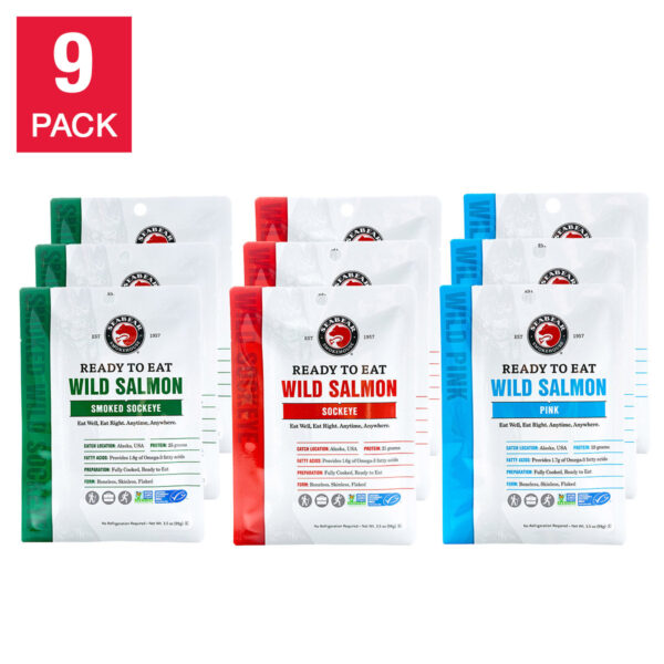 SeaBear Ready to Eat Wild Salmon Variety Pack, 9 Pouches (3.5 oz. each)