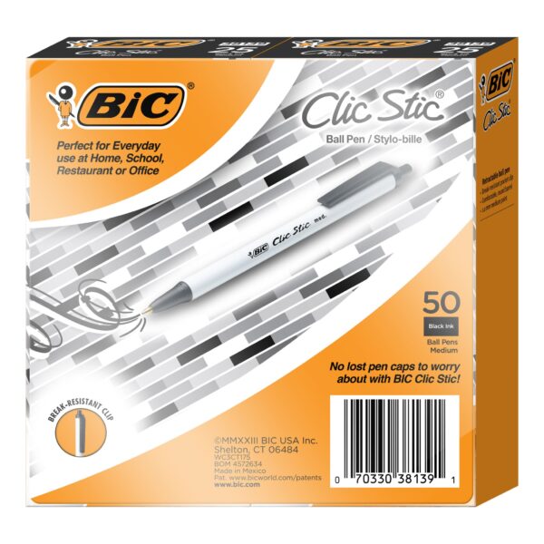 BIC Clic Stic Retractable Ballpoint Pen, Medium Point 1.0mm,  50-count