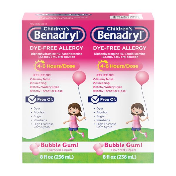 Children's Benadryl Diphenhydramine HCl Dye-Free Allergy Bubble Gum Flavor Liquid, 16 Fluid Ounces