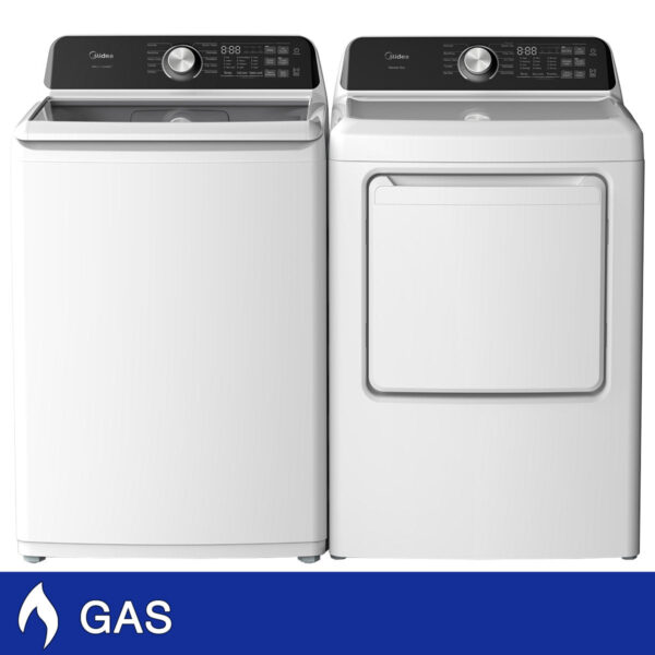 Midea 4.5 cu. ft. Top Load Washer with Impeller and 7.0 cu. ft. GAS Reversible Door Dryer