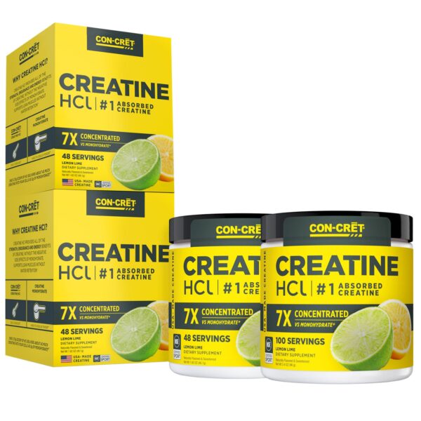 CON-CRET Creatine HCl Flavored Powder, Lemon Lime, 1.62 oz, 2-pack