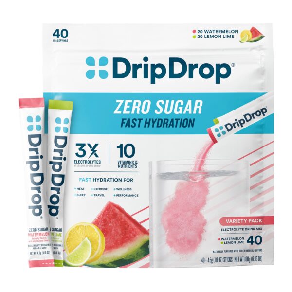 DripDrop Hydration Zero Sugar, 40 Individual Serving Stick Packs in Resealable Pouch, Variety Pack