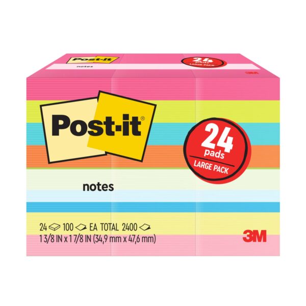 Post-it Notes, Assorted Bright Colors, 1-1/2" x 2" 100 Sheets, 24 Pads