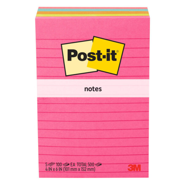 Post-it® Notes, 4 in. x 6 in. Assorted Colors, 100 Sheets, 5-pack