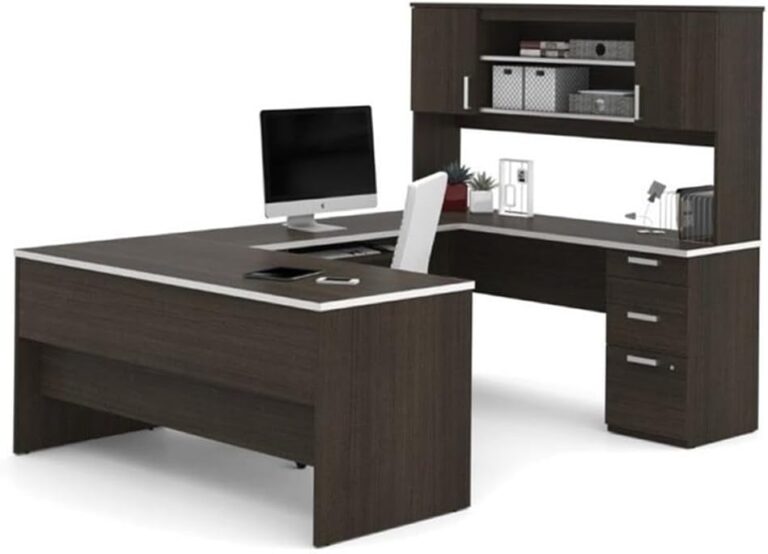 Pemberly Row U Shaped Modern Executive Computer Desk with Pedestal and Hutch in Brown Chocolate