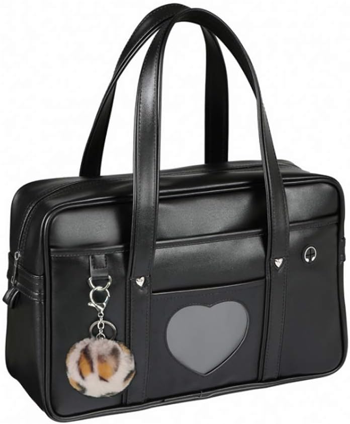 Large Japanese Shoulder Bag,Faux Leather Tote Bag Kawaii with Pink Leopard Pompom (A3 Big Size, Black Heart Window)