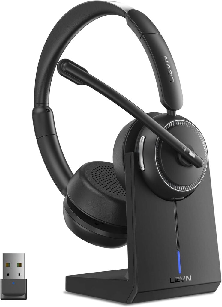 LEVN Wireless Headset with Mic for Work, Bluetooth Headset with Microphone (Noise Cancelling), 65 Hrs Working Time 2.4G Wireless Headphones with Mic for Work/Call Center/PC/Computer/Laptop/Teams/Zoom