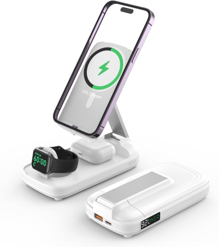 BezosMax 5 in 1 Wireless Charging Station with 10000mAh Power Bank Digital Display Automatic Magnetic 20W Fast Charger Station Stand Compatible with iPhone 15/14/13/12 All Series & AirPods & iWatch