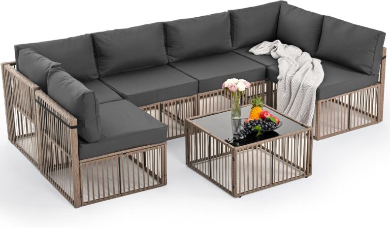 Pamapic 7 Pieces Outdoor Sectional Set, All-Weather PE Rattan Patio Conversation Set, Wicker Adjustable Patio Furniture Set with Washable Cushions Covers and Coffee Table, Brown Rattan, Gray Cushion