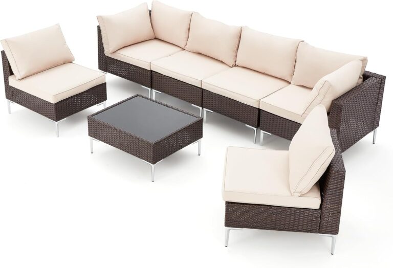 GYUTEI 7 Pieces Outdoor Patio Furniture Set,Boho Outdoor Conversation Set, All Weather Wicker Rattan Patio Sectional Sofa with Thick Cushions and Coffee Table for Garden, Backyard (Khaki)