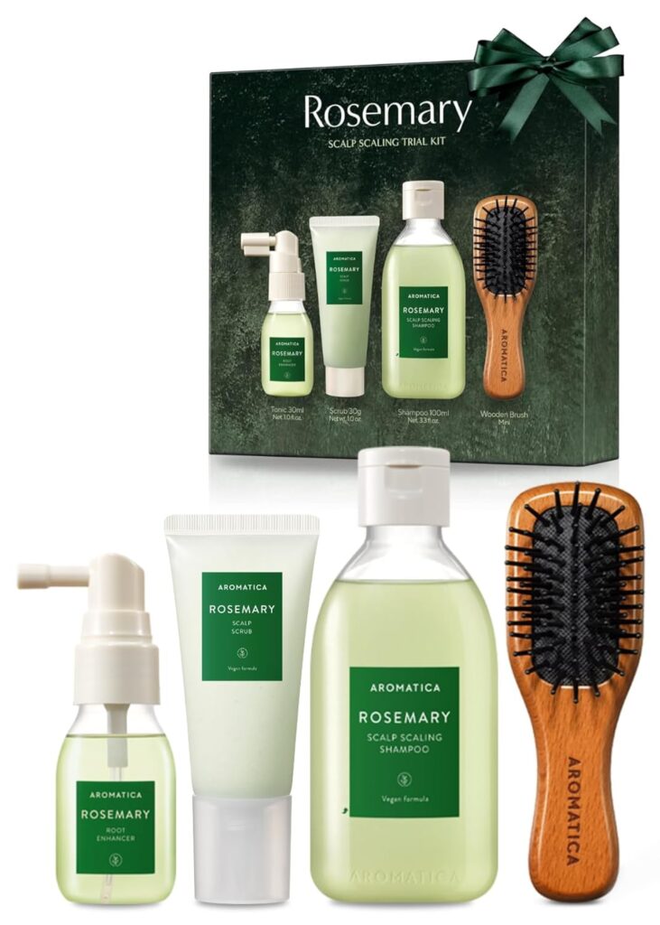 AROMATICA Rosemary Scalp Scaling Trial Kit - Hair Travel Kit | Mini Size Shampoo and Dry Scalp Treatment Set with Mini Wooden Brush, Hair care for women, Mothers day gifts