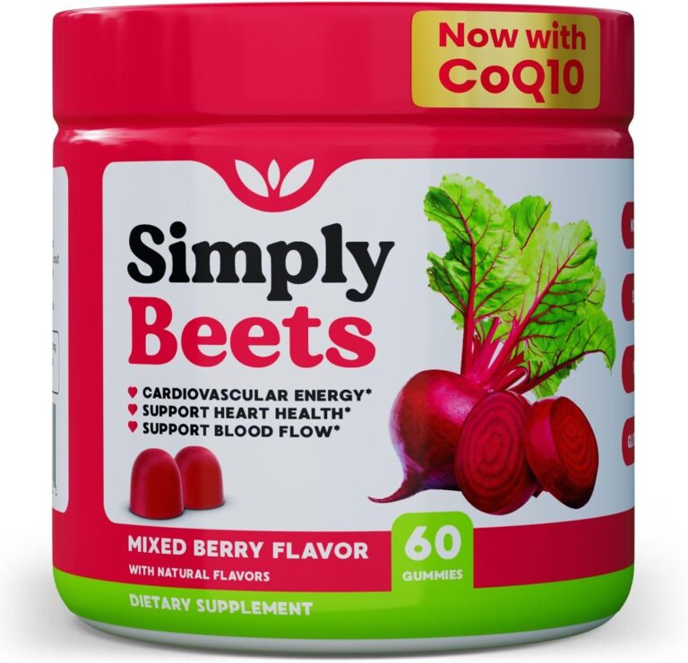 Simply Beets - Beet Gummies with CoQ10-Nitric Oxide & Energy Support-Non-GMO Beetroot Powder & Grape Seed Extract- Natural Mixed Berry Flavor-60 Count