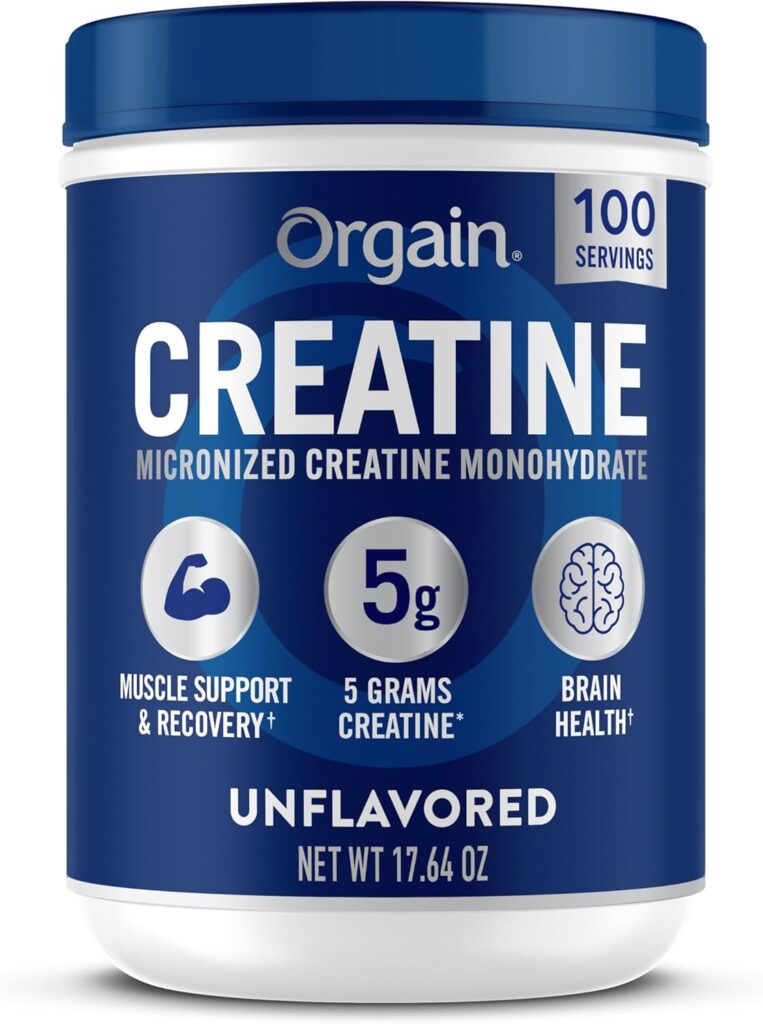Orgain Creatine Monohydrate Micronized Powder, Unflavored, Supports Muscle Growth, Post Workout Recovery and Brain Health, No Artifical Additives, Non-GMO, 100 Servings, 17.64 Oz