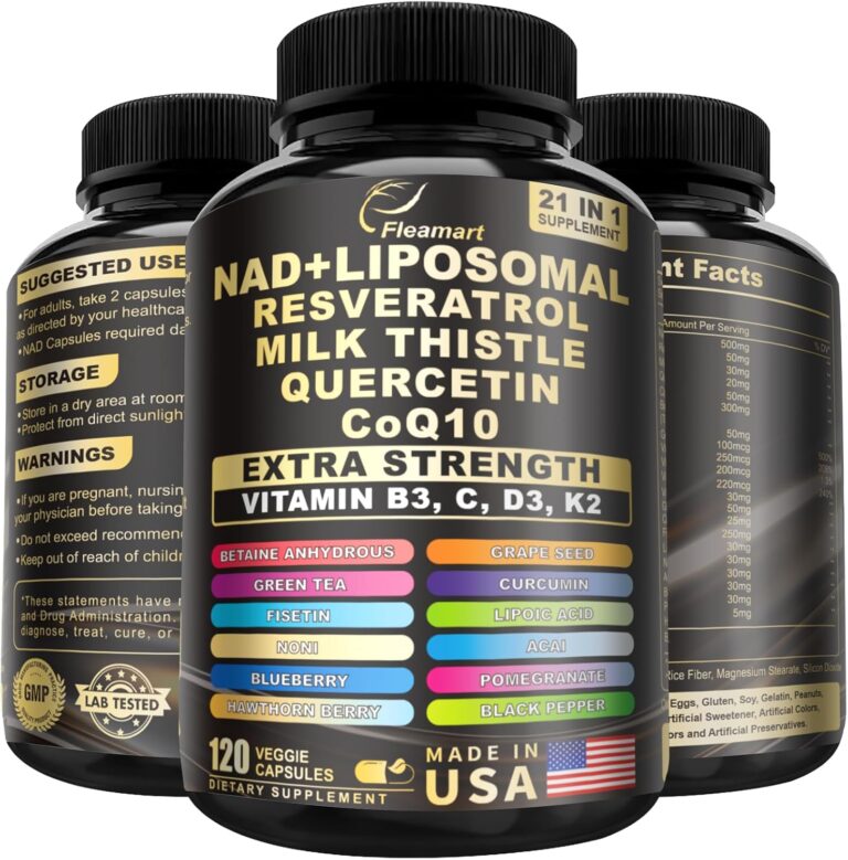 NAD+ Supplement for Women & Men Liposomal NAD Supplement Pure with Resveratrol 50mg Milk Thistle 30mg Quercetin 20mg CoQ10 50mg Made in USA, 120 Capsules