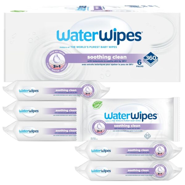 WaterWipes Plastic-Free Soothing Clean 99% Water Based Botanical Baby Wipes, Unscented & Hypoallergenic for Sensitive Skin, 6 Resealable Packs (360 Wipes)