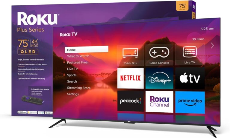 Roku Smart TV – 75-Inch Plus Series 4K QLED RokuTV with Roku Voice Remote Pro, Dolby Vision, Striking 4K Resolution, Automatic Brightness, & Seamless Streaming – Live Local News & Sports