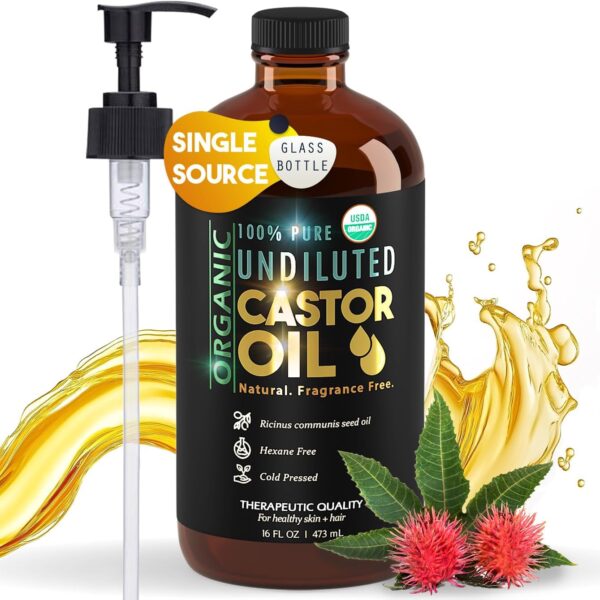 BALM OF GILEAD Organic Castor Oil for Skin Hydration - Therapeutic Cold Pressed, USDA Certified 100% Pure, Glass Bottle - 16 oz Unrefined, Hexane Free, Castor Oil for Hair & Eyelashes Growth
