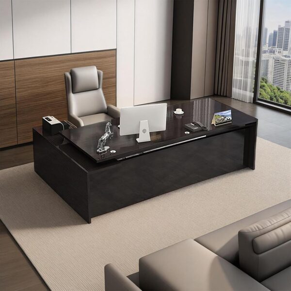 Modern L-Shape Executive Desk with Wood Shelves, Cabinets and Cable Management, Business Furniture Desk Workstation (Black Right Cabinet, 63" L*31.5" W*29.5" H)