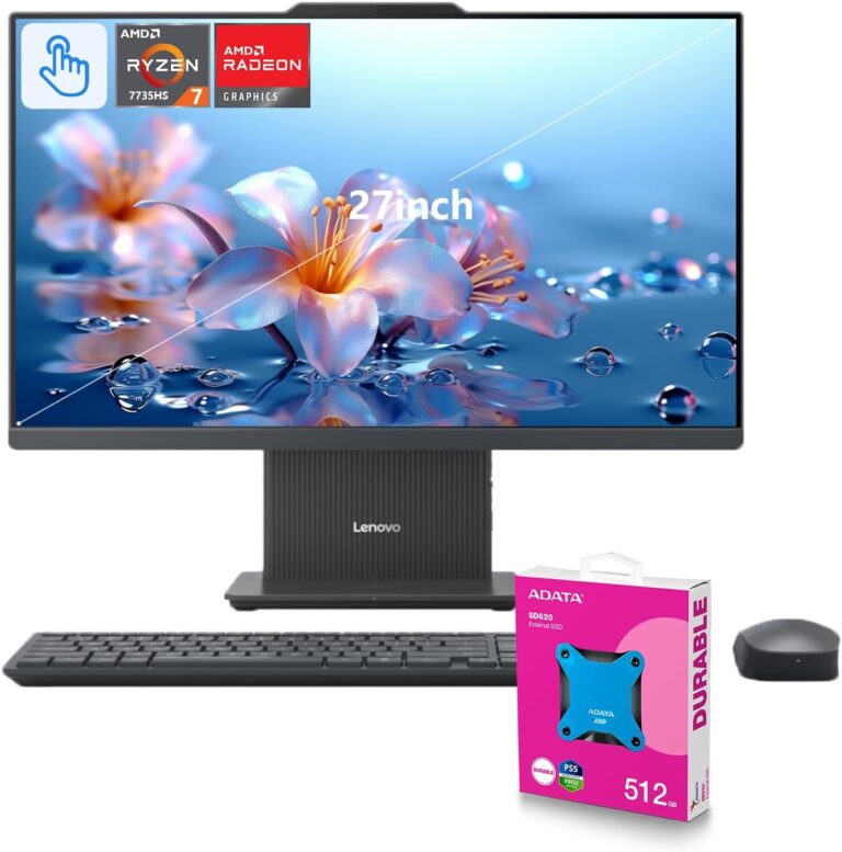 Lenovo 2025 IdeaCentre Next Gen Copilot AI Ready Business All-in-One, 27" FHD Touchscreen 100Hz, AMD Ryzen 7 7735HS, 64GB DDR5 RAM, 4TB SSD, Wi-Fi 6, Win 11 Home, Grey, ADATA 512 External SSD Bundle