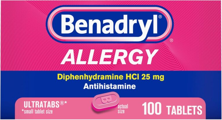 Benadryl Ultratabs Antihistamine Allergy Relief Medicine, Diphenhydramine HCl Tablets For Relief of Cold & Allergy Symptoms Such as Sneezing, Runny Nose, & Itchy Eyes & Throat, 100 ct