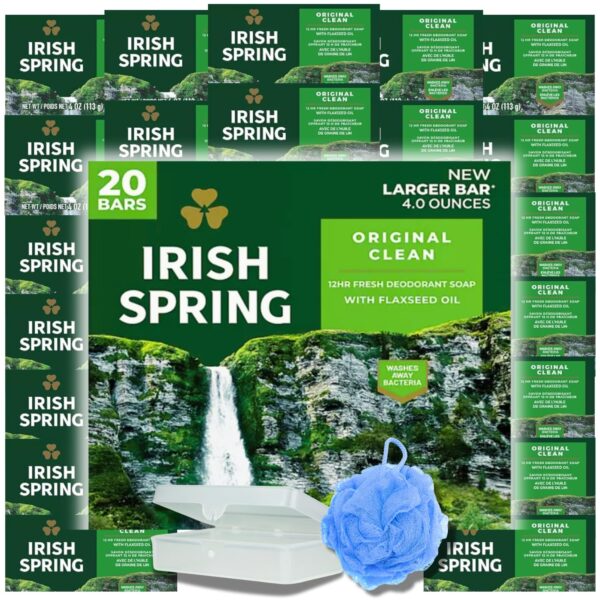 Irish Spring Bar Soap (20 PACK) Original Clean - Includes Bar Soap Holder & Loofah - Large 4 OZ Soap Bars, Original Clean Body Soap, Mens Bar Soap w/Soap Bar Holder & Loofah Sponge