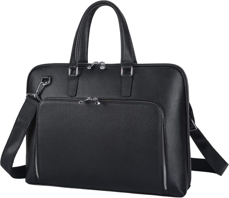 Masa Kawa Black Leather Slim Briefcase for Men Women 15.6 Inch Laptop Professional Business Messenger Crossbody Shouder Bag Lawyer Ladies Office Work Brief Attche Case