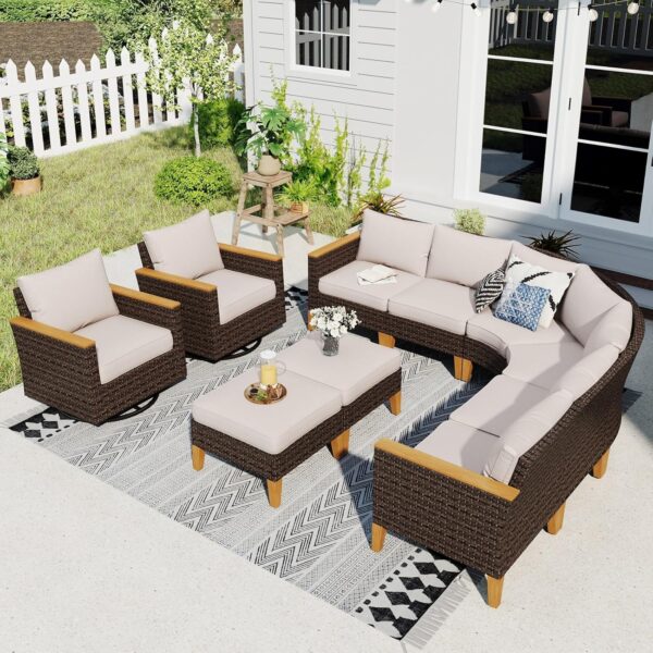 Sophia & William Half Moon Patio Furniture Set with Swivel Chairs, 10 Piece Curved Outdoor Sectional Sofa Modular Wicker Patio Conversation Couch Set for Deck Backyard Lawn, Beige