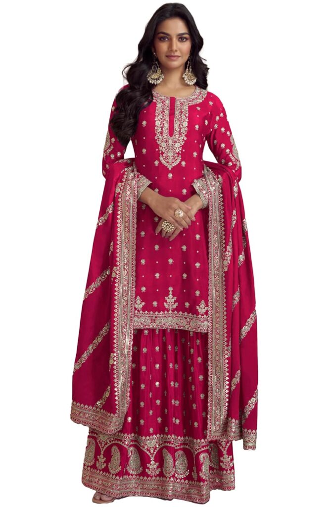 Miss Ethnik Women's Pink Chinon Stitched Top With Stitched Chinon Bottom and Chinon Dupatta Full Sleeve Embroidered Straight Top (ME-1194)