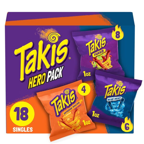 Takis 18 pc Hero Variety Pack, Assorted Flavored Mixed Rolled Tortilla Chips – (8) Fuego, (6) Blue Heat, (4) Intense Nacho