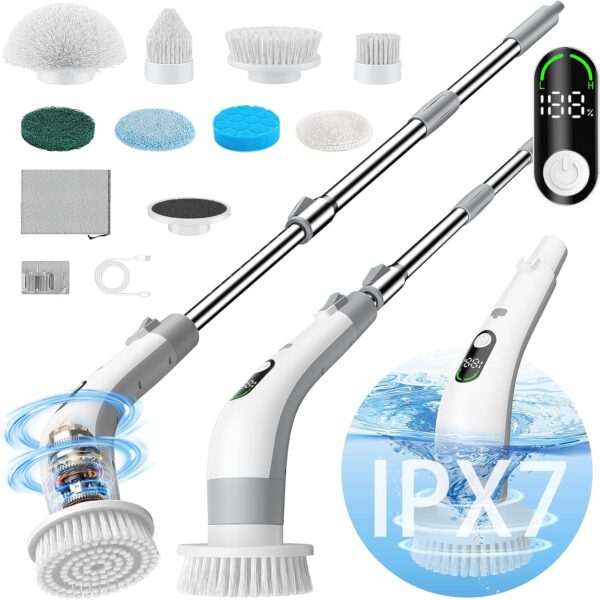 Electric Spin Scrubber with LED Display, IPX7 Waterproof Powerful Shower Scrubber, 2H Runtime, 2 Speeds, Adjustable Handle, 8 Brush Heads, Cleaning Brushes for Household Use Bathtub Tile Car