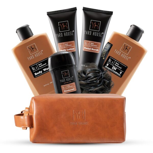 Luxury Mens Bath and Body Gift Set Basket For Him - Smoky Sandalwood - All Natural Skin Care Kit For Men w. Full Size Body Wash, Facial Scrub, Body Lotion, Deodorant in Leather Toiletry Bag