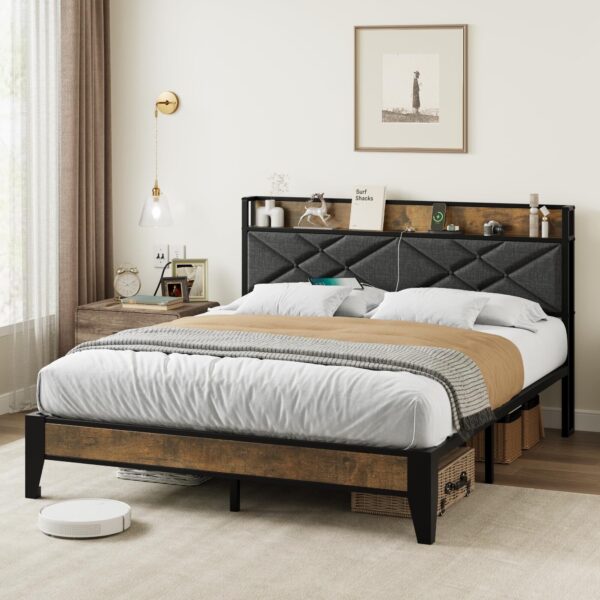 Bed Frame with Storage Headboard and Charging Station
