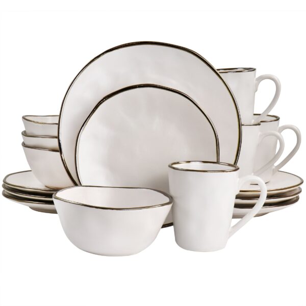 Modern 16 Piece Stoneware Dinnerware Set in Matte White with Gold Rim - N/A