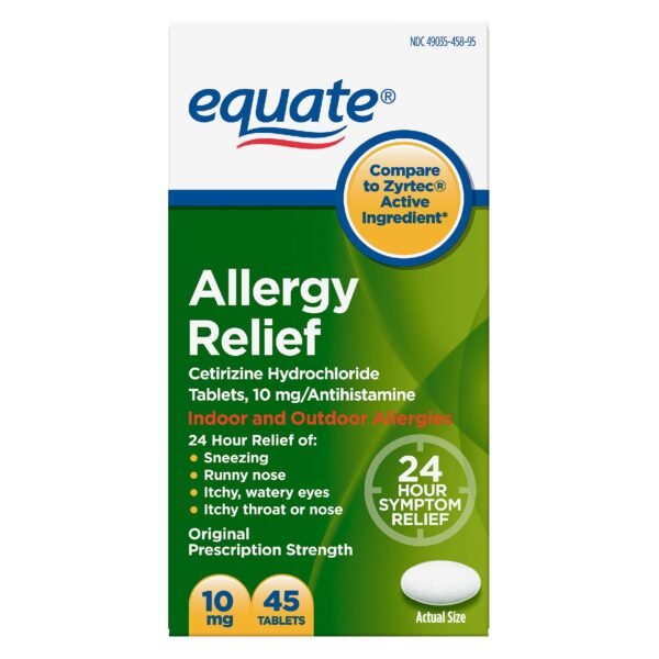 Equate 24 Hour Allergy, Cetirizine Hydrochloride Tablets, 10 mg, 45 Count Compare to Zyrtec® Active Ingredient