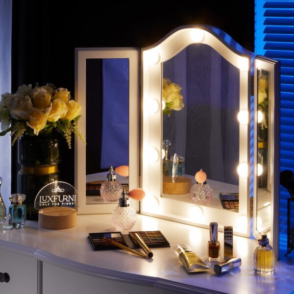 Luxfurni Hollywood Trifold Vanity Mirror with 10 LED Lights Dimmable Tabletop Makeup Mirror White