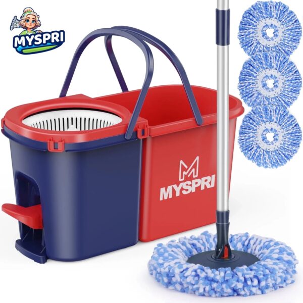 MYSPRI Spin Mop and Bucket System with Wringer Set for Floors, Separate Clean and Dirty Water, 3 Microfiber Mop Pads