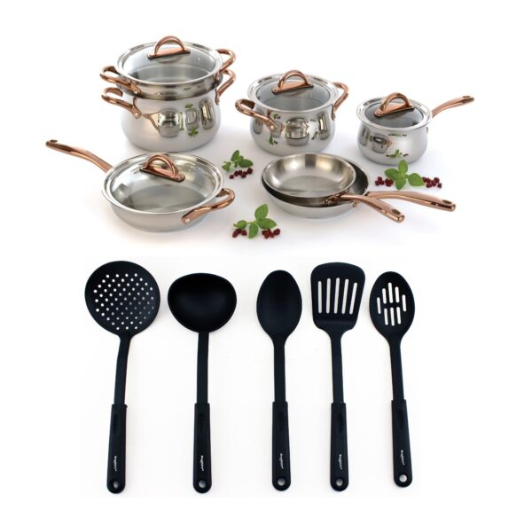 BergHOFF Ouro Gold 16Pc 18/10 Stainless Steel Cookware Set with Glass Lids