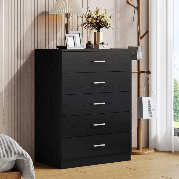 UHOMEPRO Black 5 Drawer Dresser, Chest of Drawers for Bedroom, Modern Storage Cabinet Dresser Organizer Unit with Handle for Living Room, Closet, Hallway